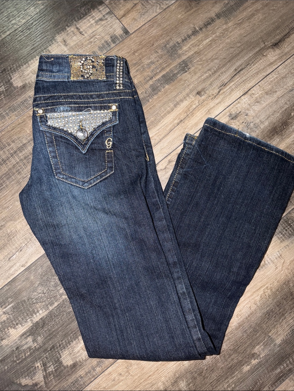 Grace in LA Dark Blue Bootcut Jeans with Gold & Silver Embellished Back Pockets